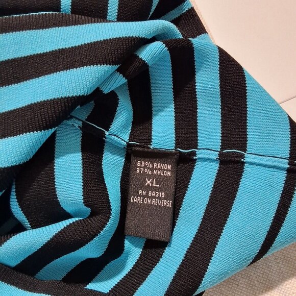 Cyrus Black Turquoise Stripe Knit Top Asymmetrical Neck Line Sz L Bold Unique... - Picture 5 of 6